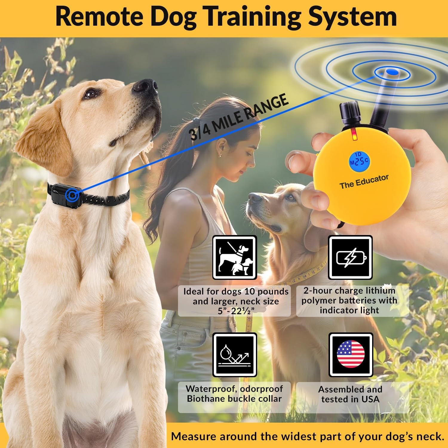 Humane E-Collar Dog Training System with Remote Control, 100 Safe Stimulation Levels, Night Light, Waterproof, Rechargeable, 3/4 Mile Range for Small to Medium Dogs, Yellow