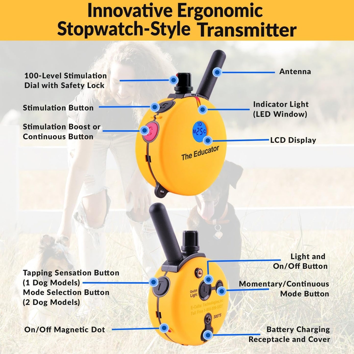 Humane E-Collar Dog Training System with Remote Control, 100 Safe Stimulation Levels, Night Light, Waterproof, Rechargeable, 3/4 Mile Range for Small to Medium Dogs, Yellow